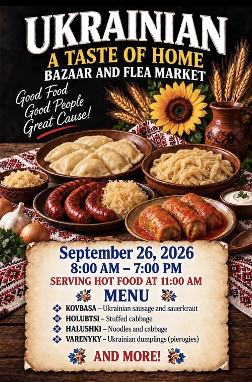 Ukrainian: A Taste of Home Bazaar and Flea Market menu flyer
